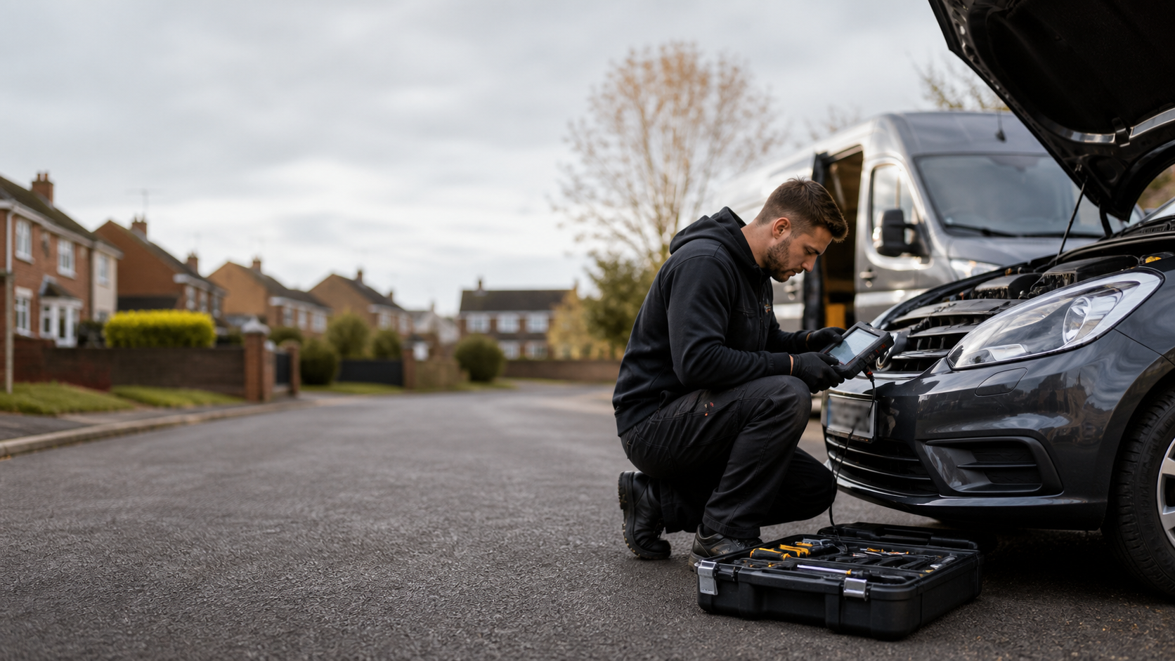 Mobile mechanic working on a car at a UK roadside